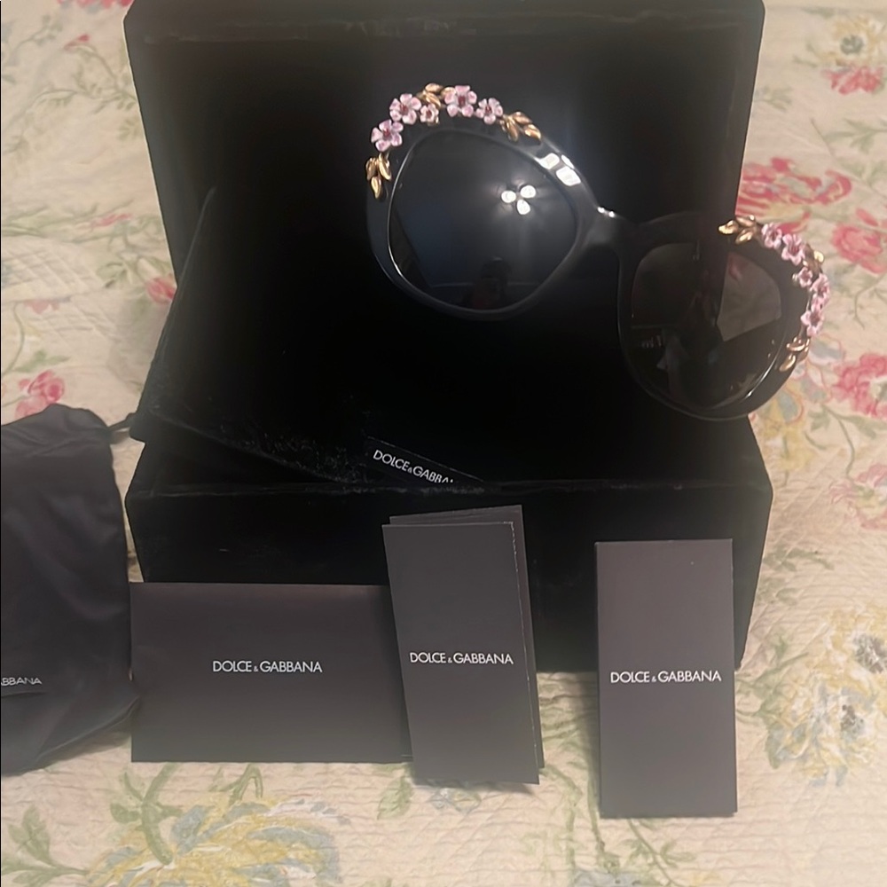 Dolce & Gabbana black sunglasses with flowers on front and sides